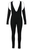 Black Deep V-Neck Mesh Long Sleeve Jumpsuit