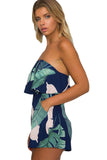 Dark Blue Palm Leaf Print Ruffle Strapless Romper