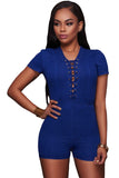 Blue Denim Wash Lace Up Grommet Detail Romper