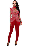 Red Steampunk Studded Pattern Mesh Insert Jumpsuit