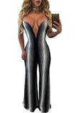 Black White Stripes Plunging V Neck Jumpsuit