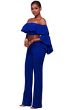 Blue Ruffle Off-the-shoulder Belted Jumpsuit