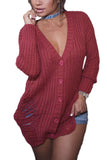 Maroon Button Closure Distressed Long Sweater