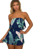 Dark Blue Palm Leaf Print Ruffle Strapless Romper