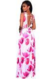Rosy White Flowers Print Backless Short Jumpsuit with Maxi Overlay