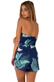Dark Blue Strapless Tropical Leaf Shirr Back Sexy Romper