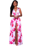 Rosy White Flowers Print Backless Short Jumpsuit with Maxi Overlay