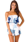 White Color Block Print Ruffle Strapless Romper
