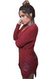 Maroon Button Closure Distressed Long Sweater