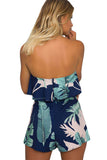 Dark Blue Palm Leaf Print Ruffle Strapless Romper