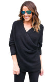 Black Wrap Front V Neck Ribbed Long Sleeve Sweater