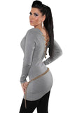 Gray Knit V Neck Chain Lace up Back Sweater Top