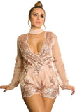 Champagne Sequin Embroidery Sheer Long Sleeve Romper