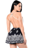 Dark Print Lace Up V Neck Boho Romper