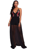 Black Floral Embroidery Romper with Maxi Mesh