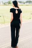 Black Short Sleeve Drawstring Casual Jumpsuit