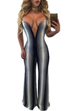 Navy Blue White Stripes Plunging V Neck Jumpsuit