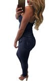 Deep Blue Lace Up Front Halter Denim Jumpsuit
