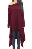 Burgundy Asymmetric Hemline Long Sleeve Oversize Sweater