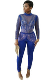 Blue Steampunk Studded Pattern Mesh Insert Jumpsuit