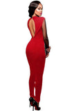 Red Steampunk Studded Pattern Mesh Insert Jumpsuit
