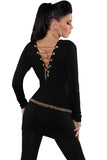Black Knit V Neck Chain Lace up Back Sweater Top