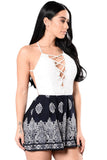 Dark Print Lace Up V Neck Boho Romper