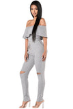 Gray Off Shoulder Neckline Ruffle Detail Fitted Jumpsuit