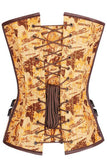 Tan Satin Globe Print Overbust Corset with Thong