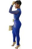 Blue Steampunk Studded Pattern Mesh Insert Jumpsuit