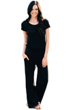 Black Short Sleeve Drawstring Casual Jumpsuit