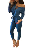 Blue Grommet Lace Up Long Sleeve Jumpsuit