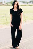 Black Short Sleeve Drawstring Casual Jumpsuit