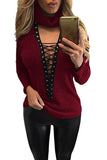 Burgundy Turtleneck Lace Up Grommet V Plunge Sweater