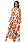 White Orange Floral Print Slit Leg Jumpsuit