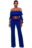 Blue Ruffle Off-the-shoulder Belted Jumpsuit