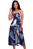 Dark Blue Leaf Print Strapless Capris Jumpsuit