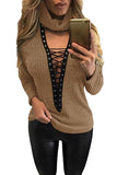 Apricot Turtleneck Lace Up Grommet V Plunge Sweater