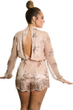 Champagne Sequin Embroidery Sheer Long Sleeve Romper