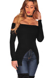 Ribbed Knit Off Shoulder Slit Long Sleeved Top