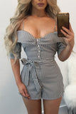 Black Striped Condole Belt Cut out Belt Short Jumpsuit