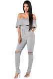 Gray Off Shoulder Neckline Ruffle Detail Fitted Jumpsuit