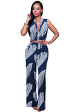 Navy White Print Button Front Belted Jumpsuit