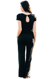 Black Short Sleeve Drawstring Casual Jumpsuit