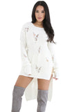 White Long Sleeve Hi-lo Distress Sweater Top