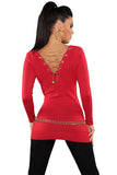 Red Knit V Neck Chain Lace up Back Sweater Top