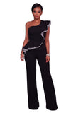 Black One Shoulder Falbala Design Jumpsuits