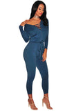 Blue Grommet Lace Up Long Sleeve Jumpsuit