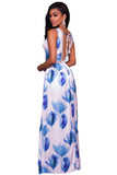 Blue White Flowers Print Backless Short Jumpsuit with Maxi Overlay