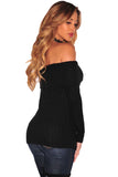 Ribbed Knit Off Shoulder Slit Long Sleeved Top